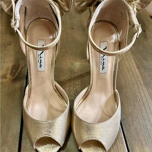 Nina Gold Peep-Toe Heels with Ankle Strap